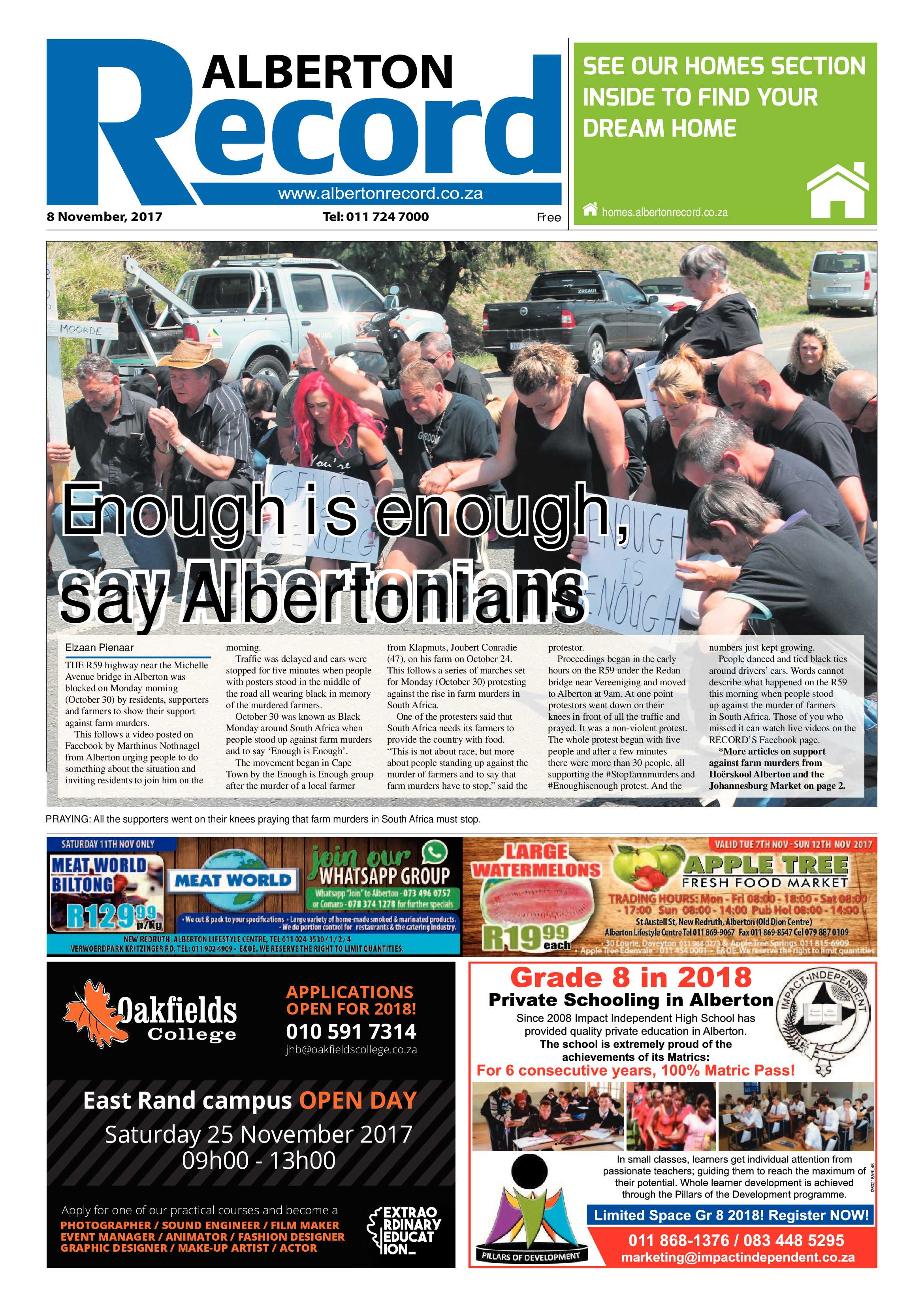 Alberton Record 08 November 2017 page 1