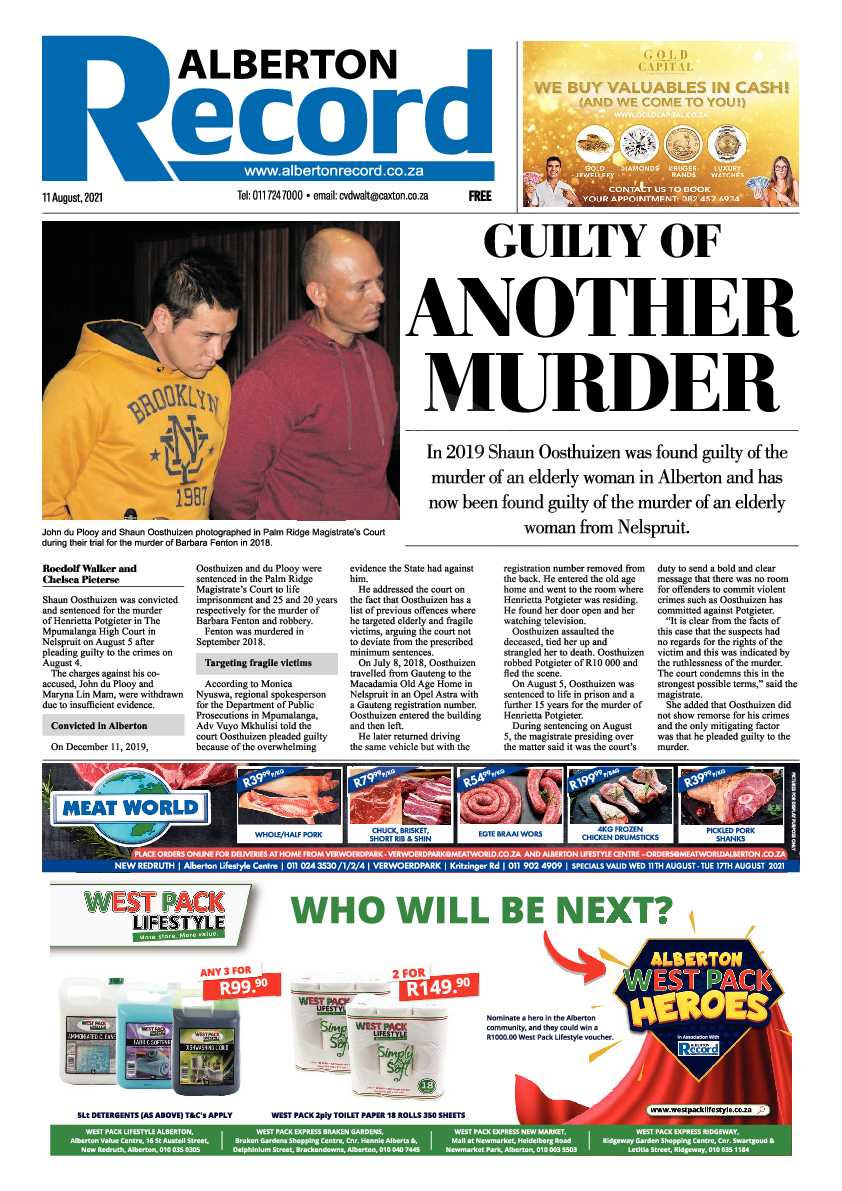 Alberton Record 11 August 2021 page 1