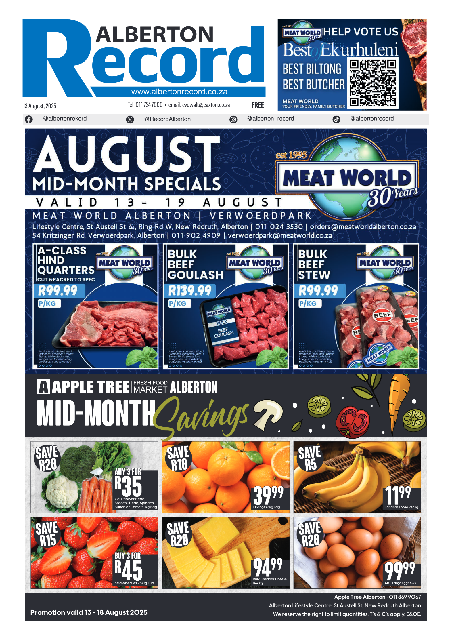 Alberton Record 13 August 2025 page 1
