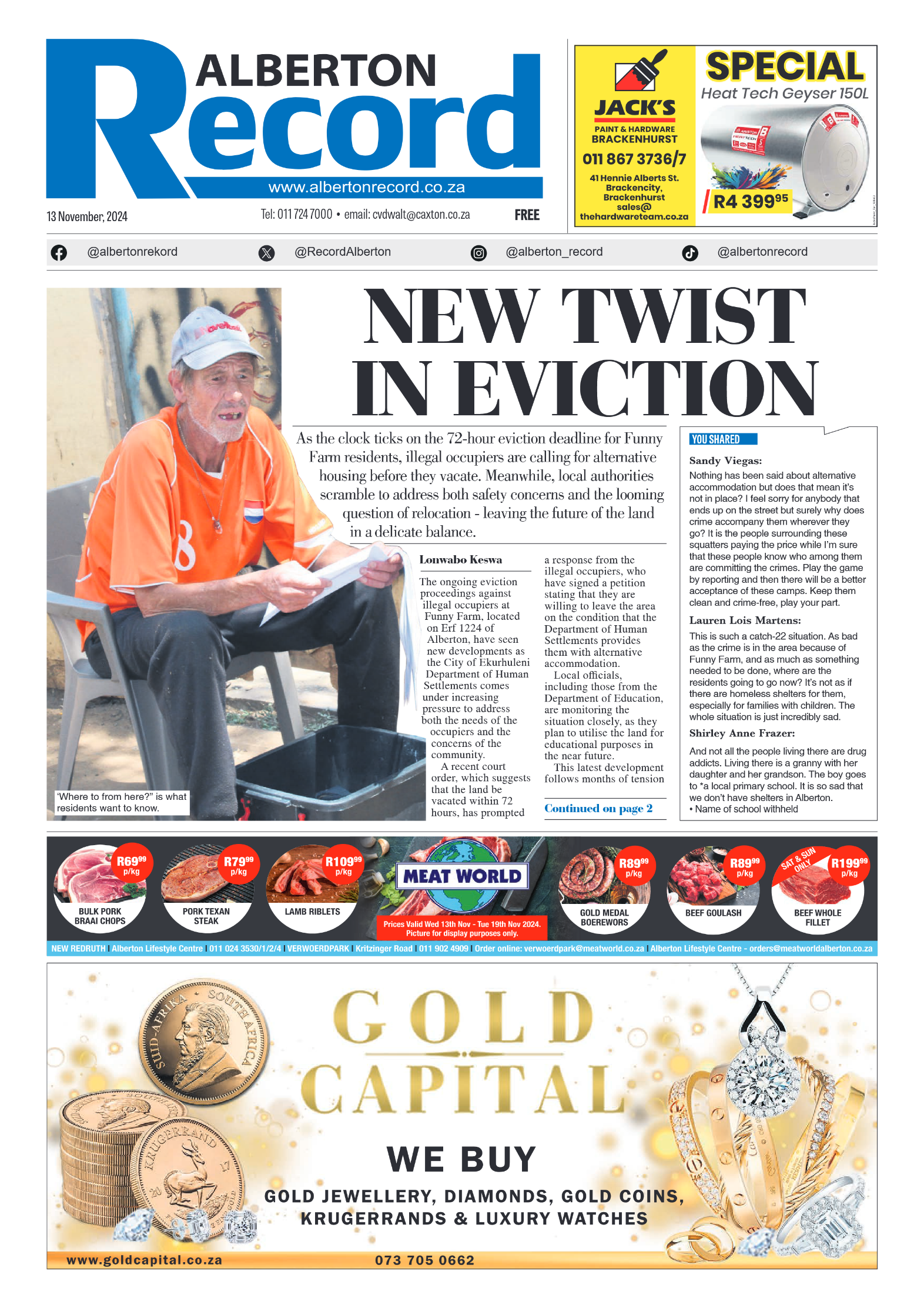 Alberton Record 13 Novemberr 2024 page 1