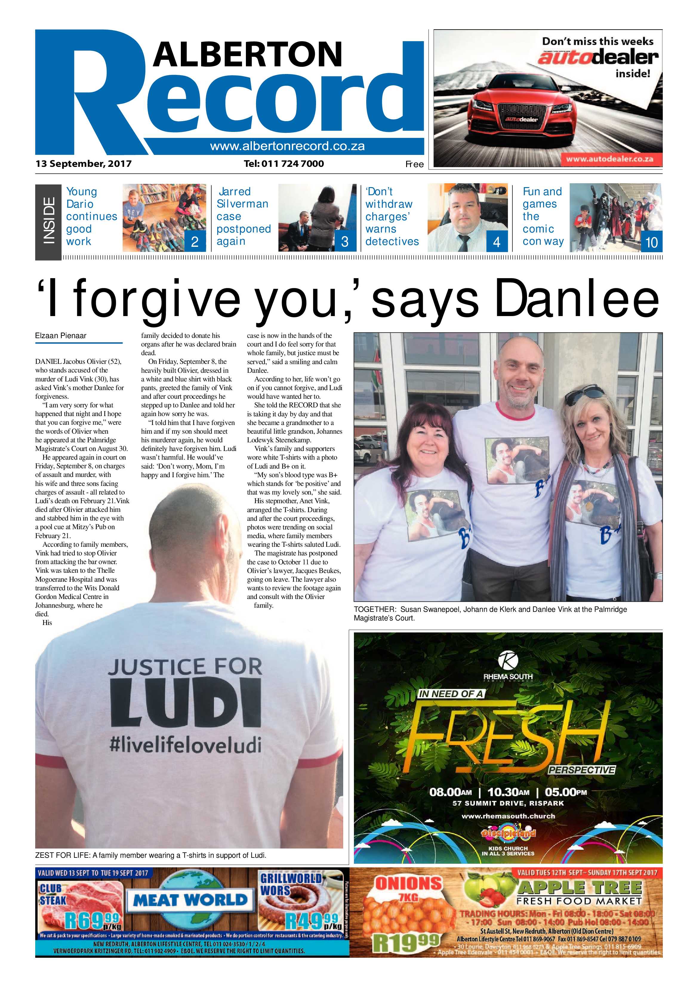 Alberton Record 13 September 2017 page 1