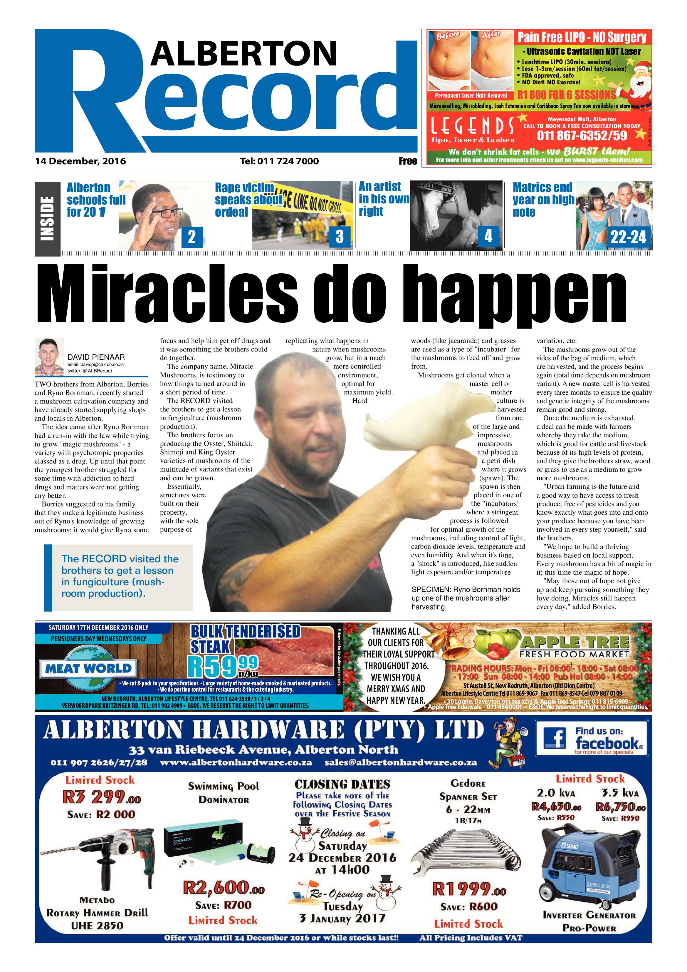 Alberton Record 14 December 2016 page 1