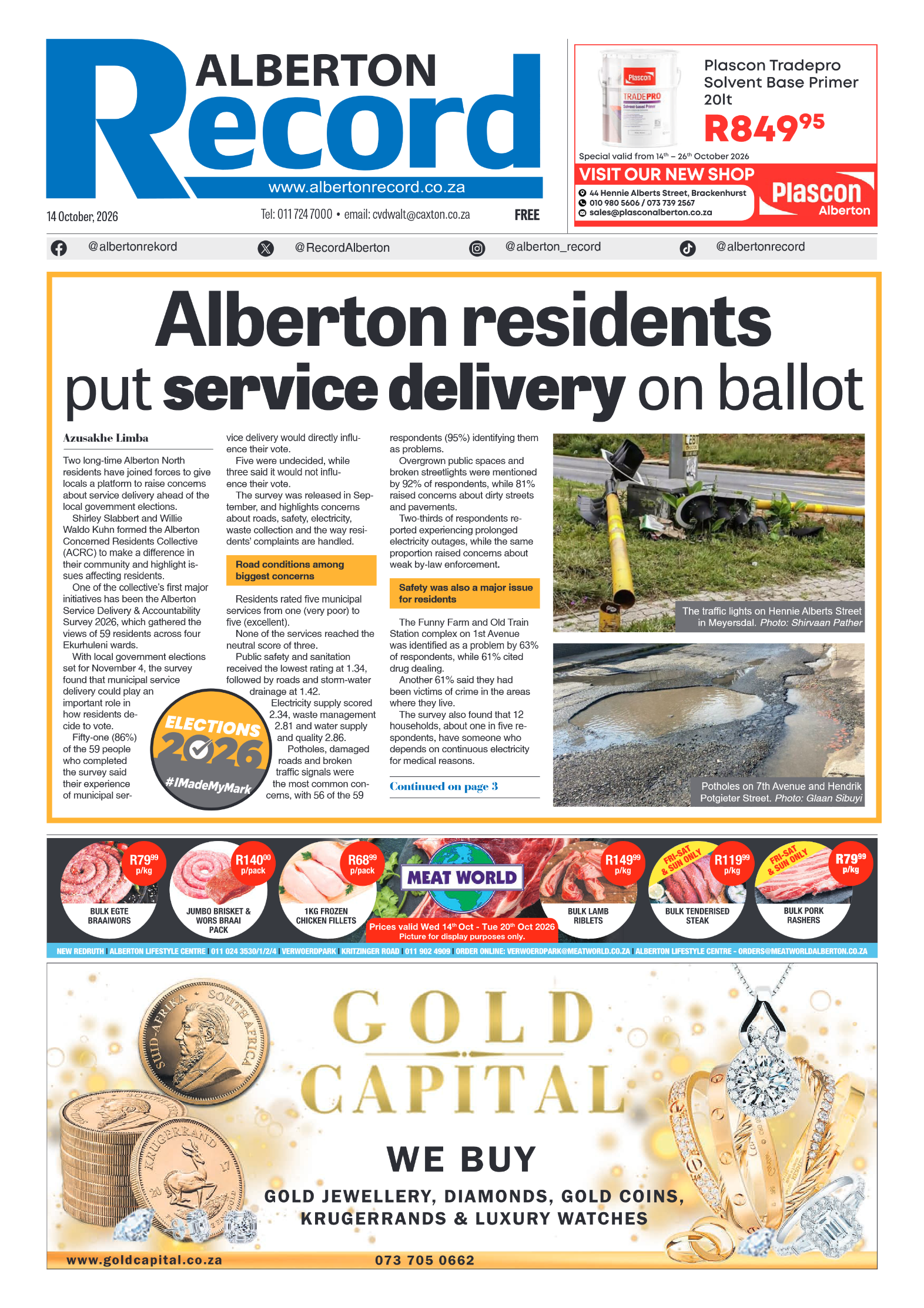 Alberton Record 14 October 2026 page 1