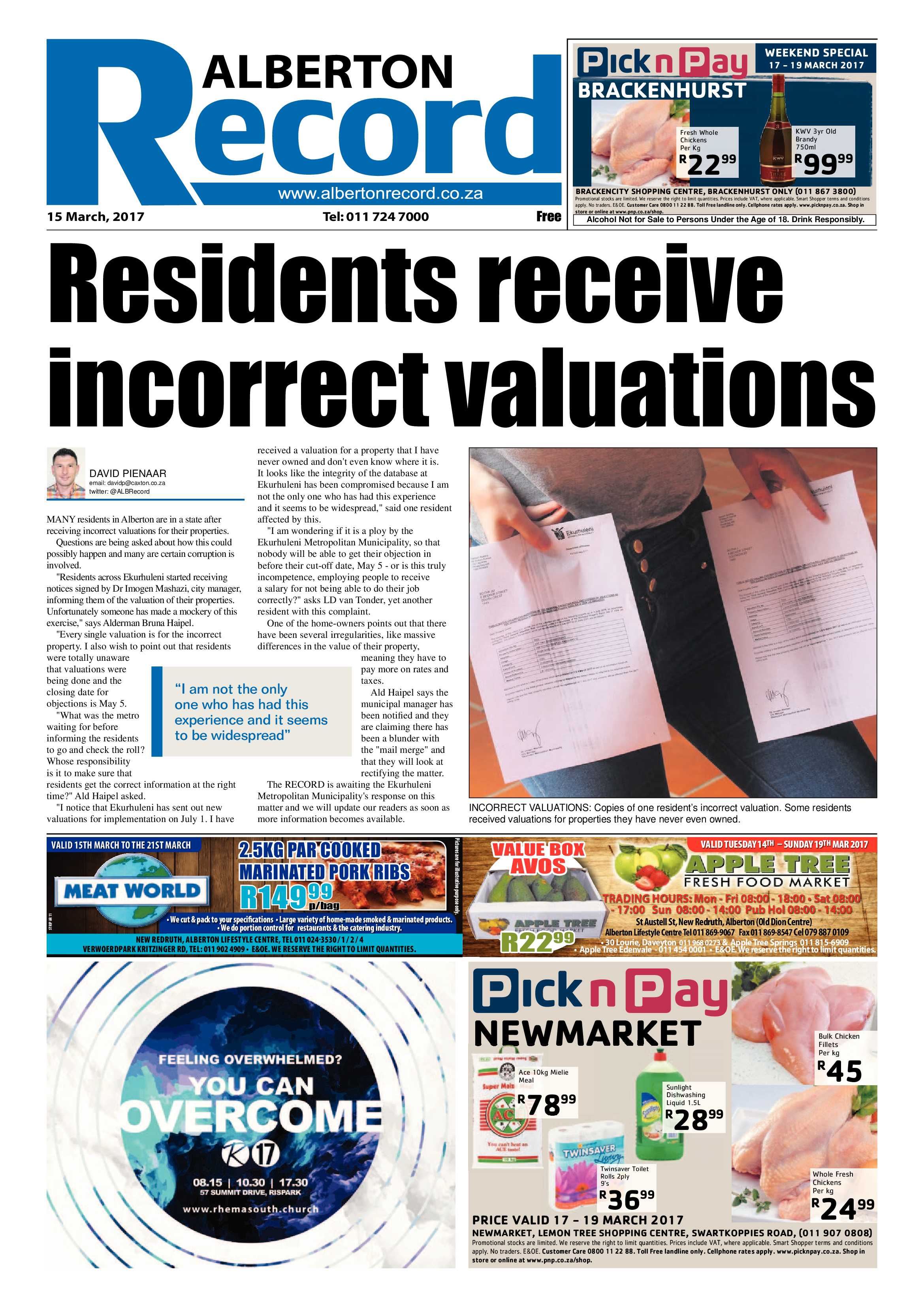 Alberton Record 15 March 2017 page 1