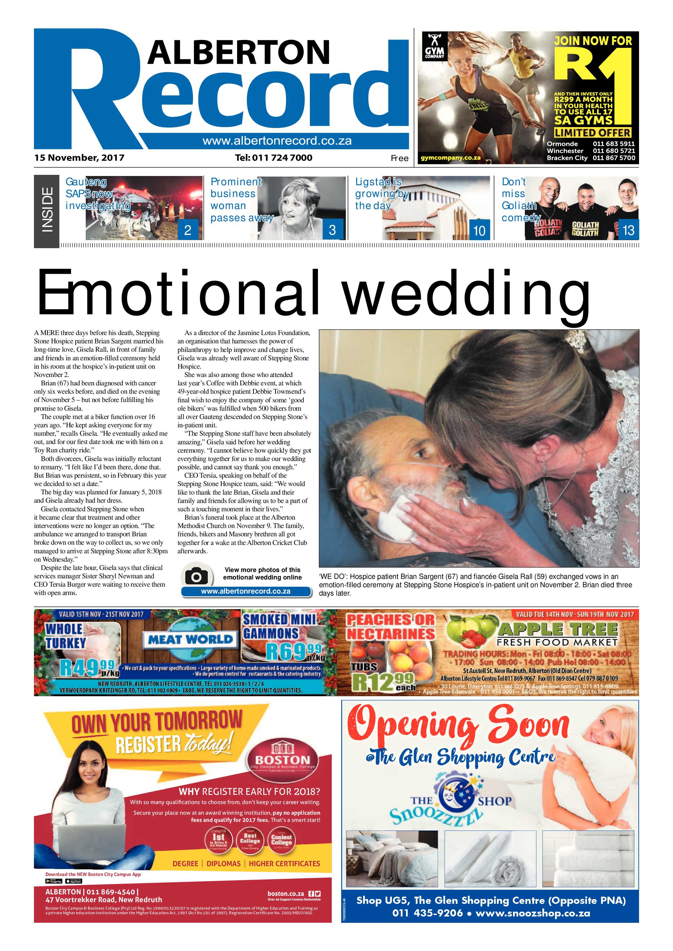 Alberton Record 15 November 2017 page 1
