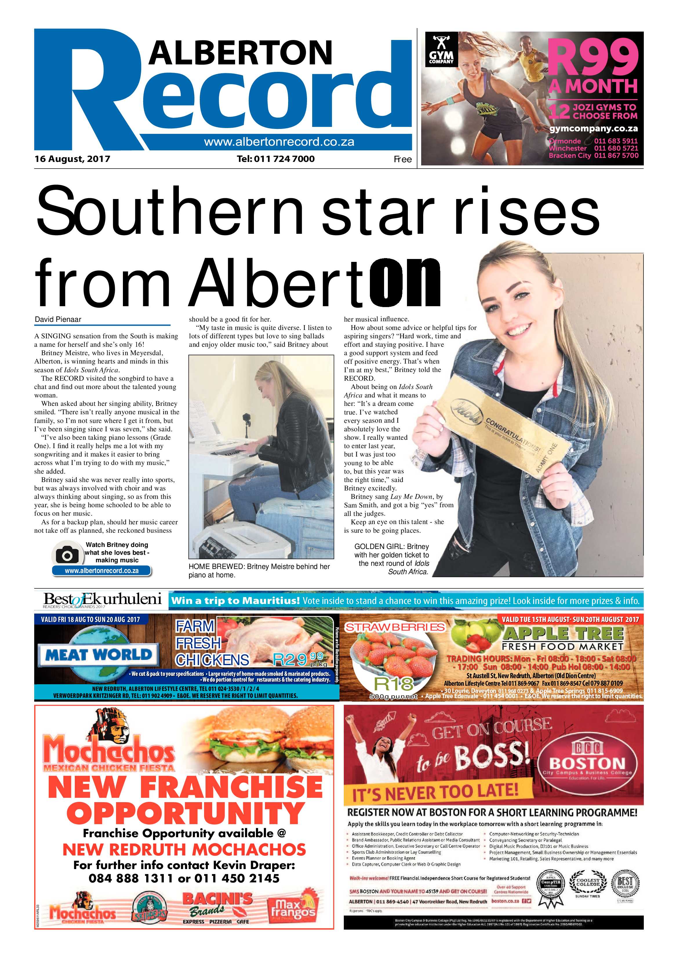 Alberton Record 16 August 2017 page 1