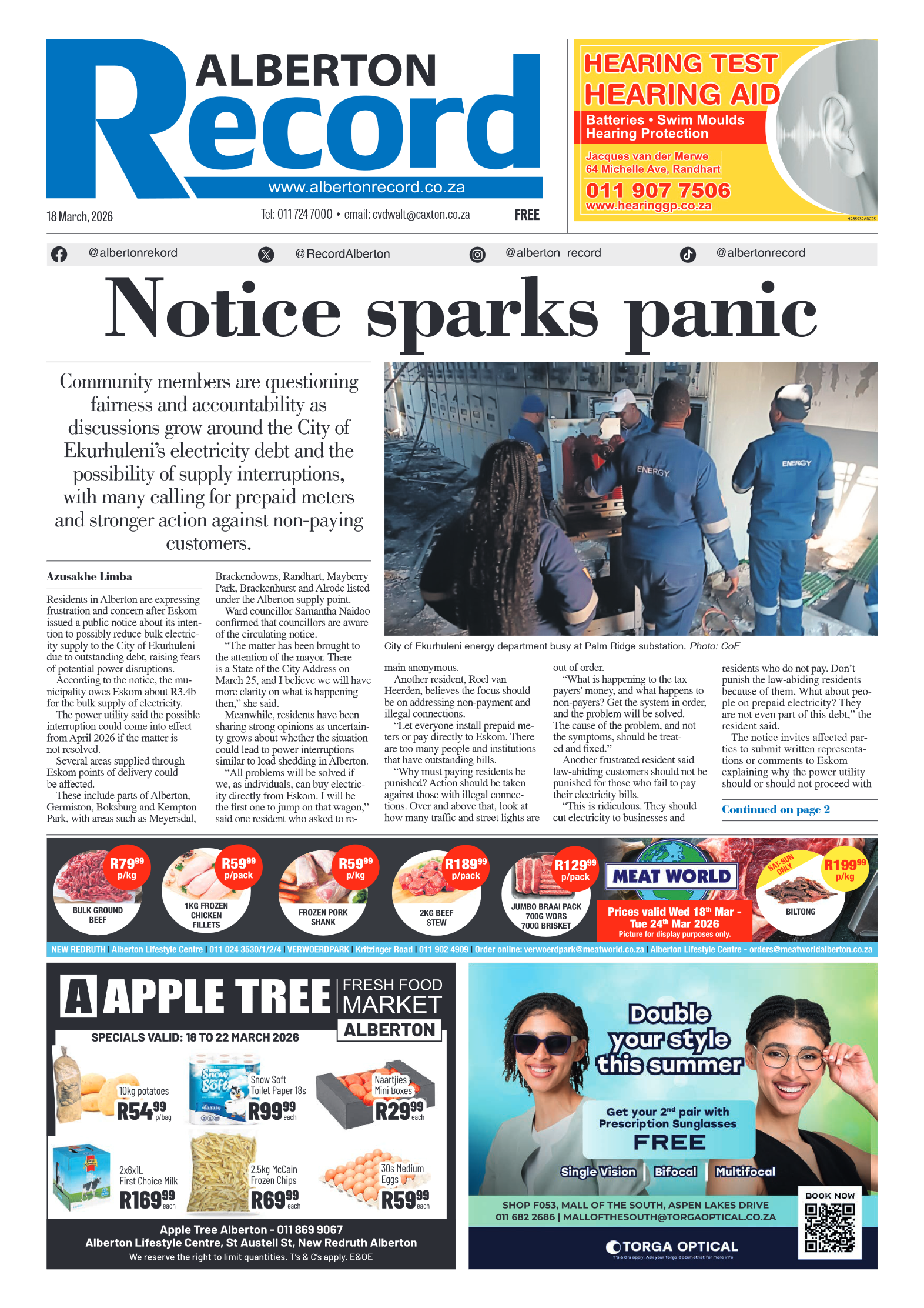 Alberton Record 18 March 2026 page 1