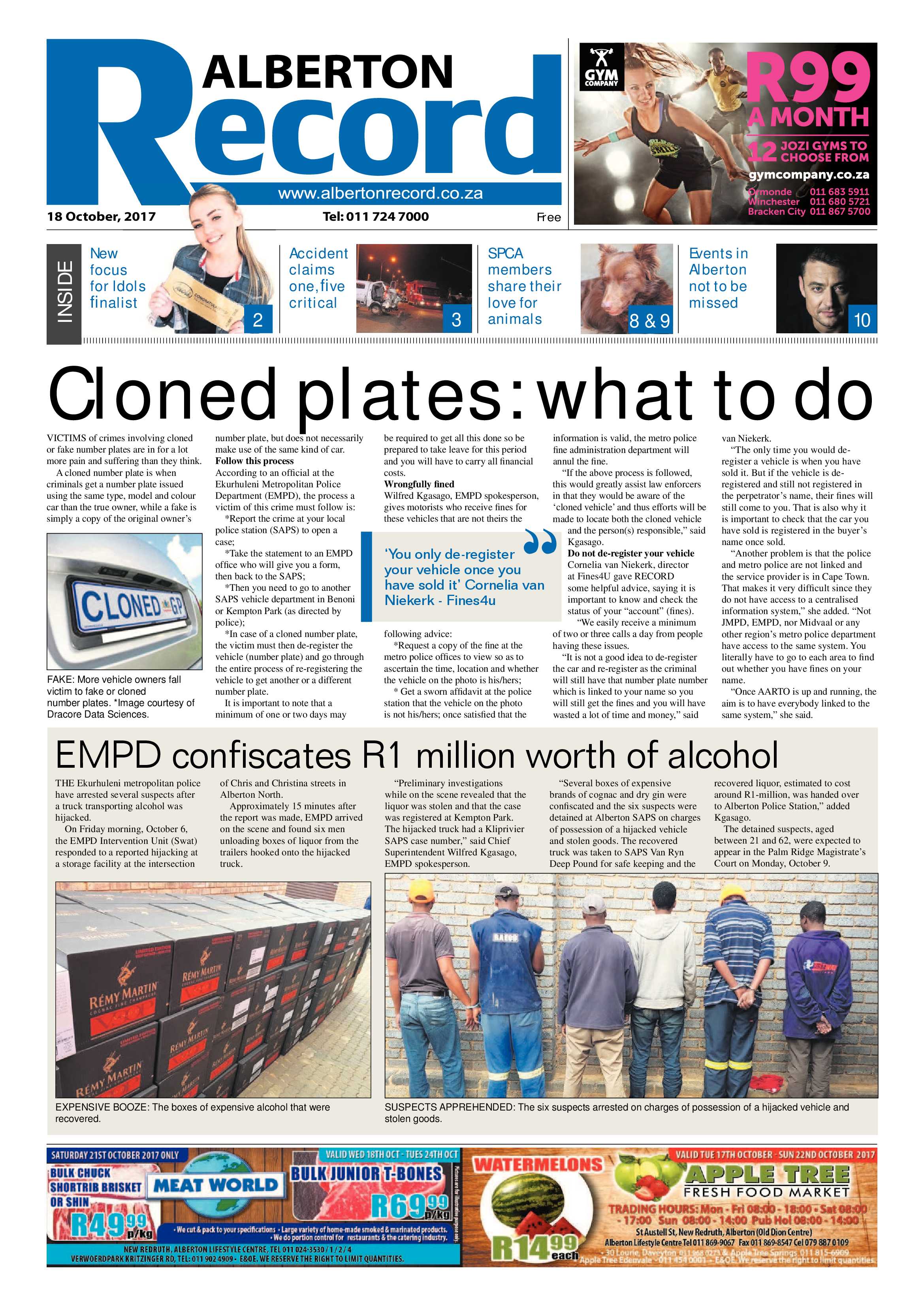Alberton Record 18 October 2017 page 1