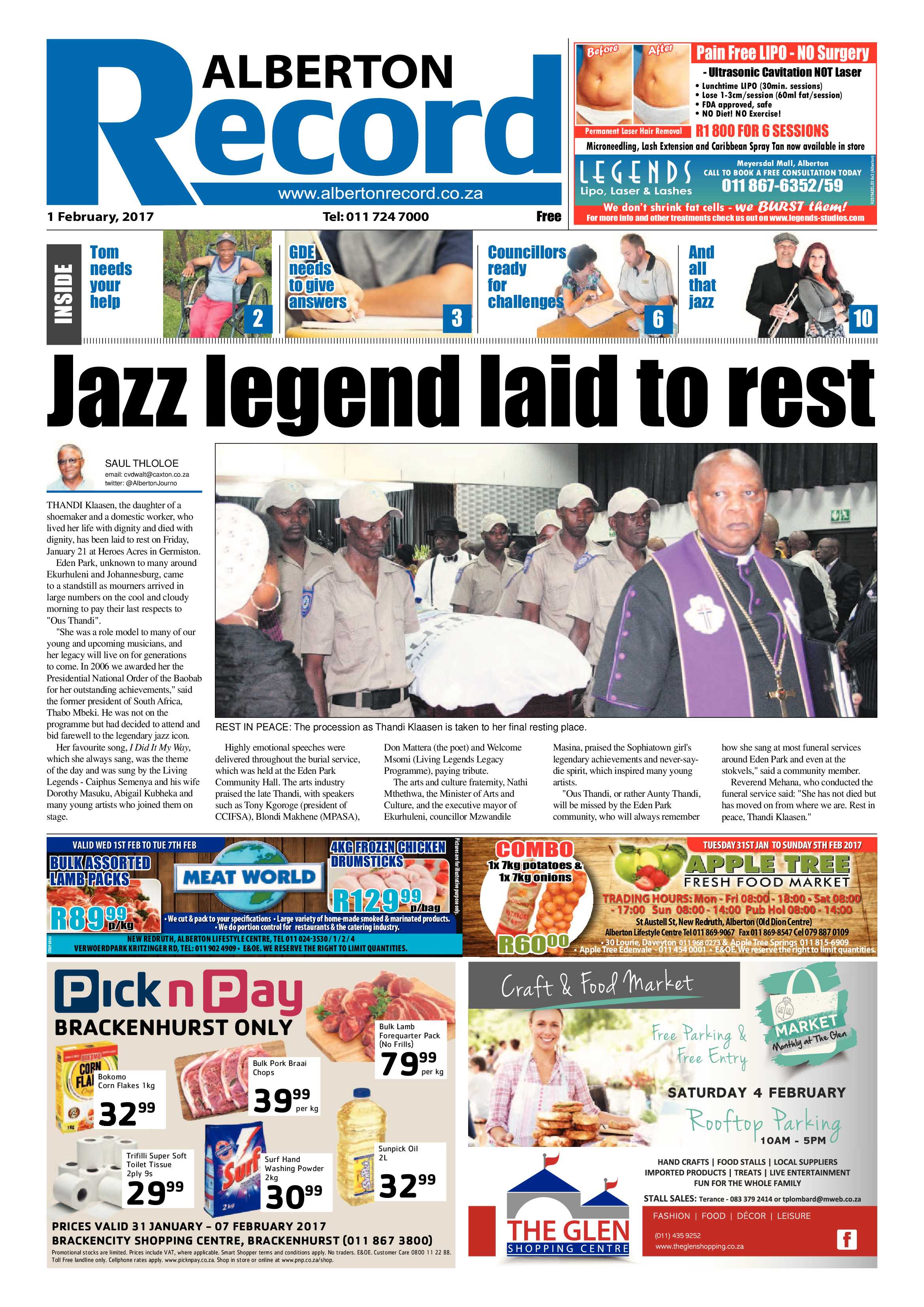 Alberton Record 1 Feburary 2017 page 1