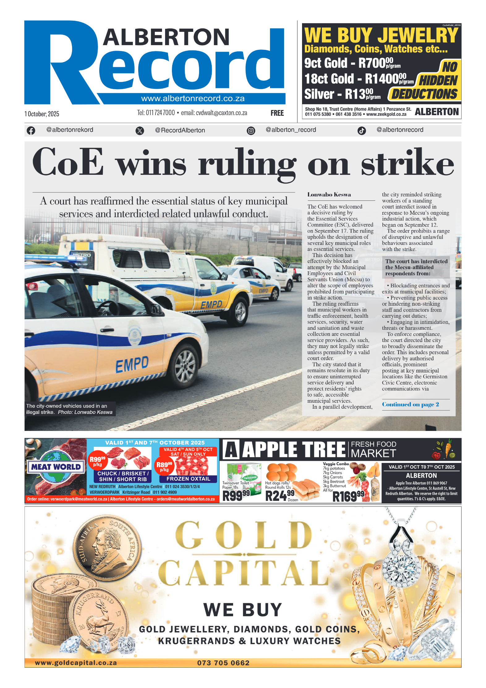 Alberton Record 1 October 2025 page 1