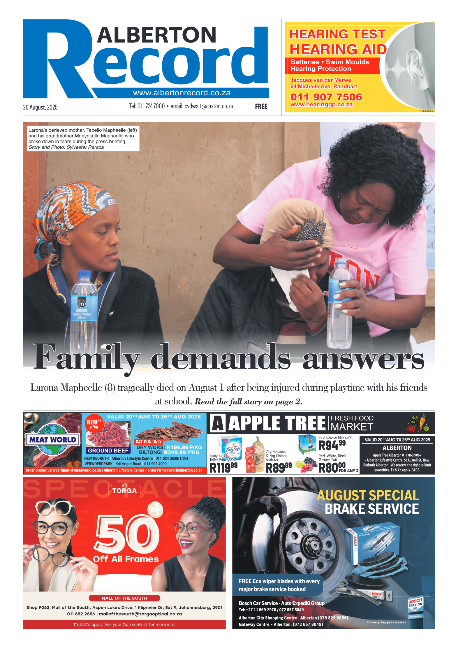Alberton Record 20 August 2025 page 1