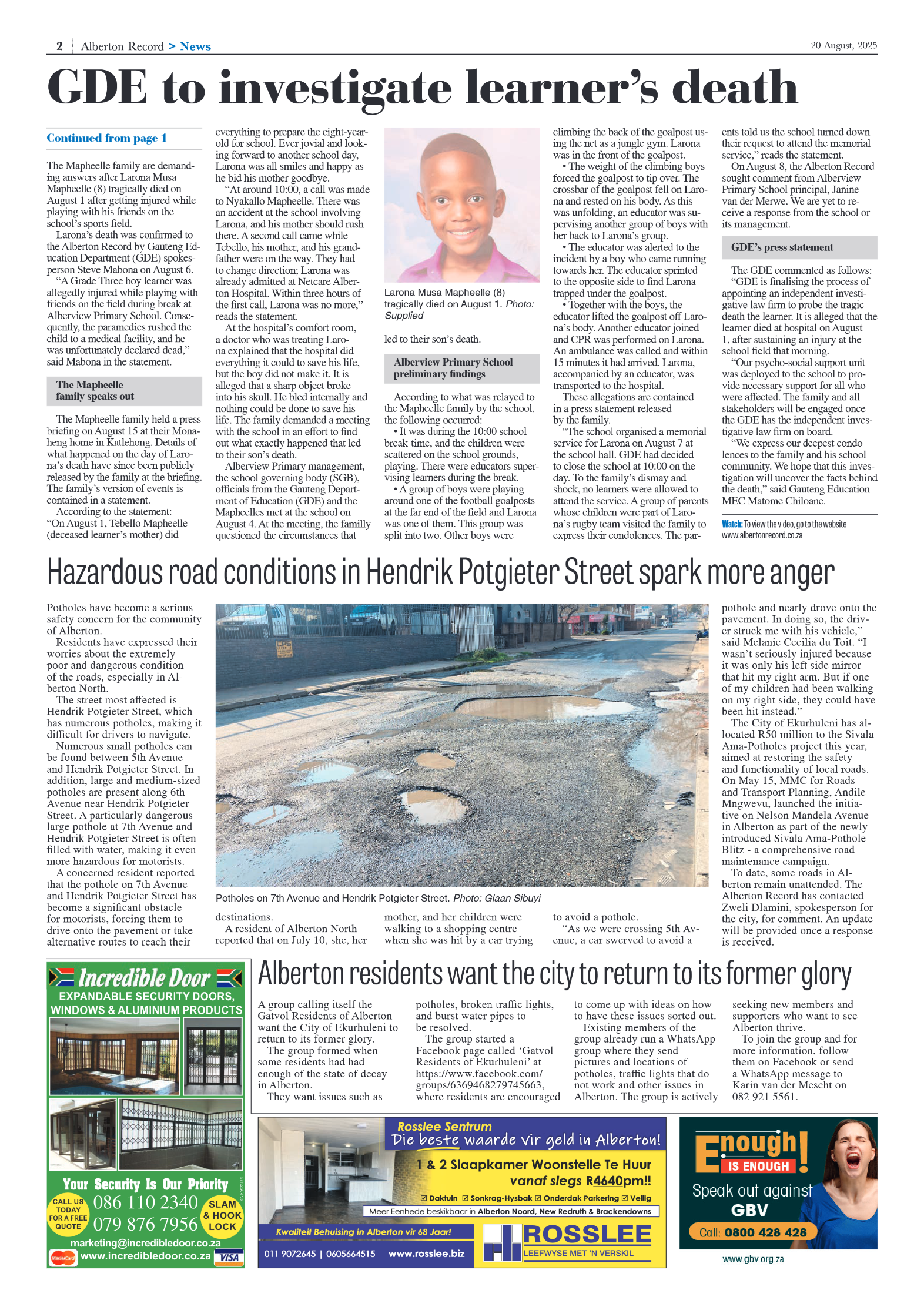 Alberton Record 20 August 2025 page 2