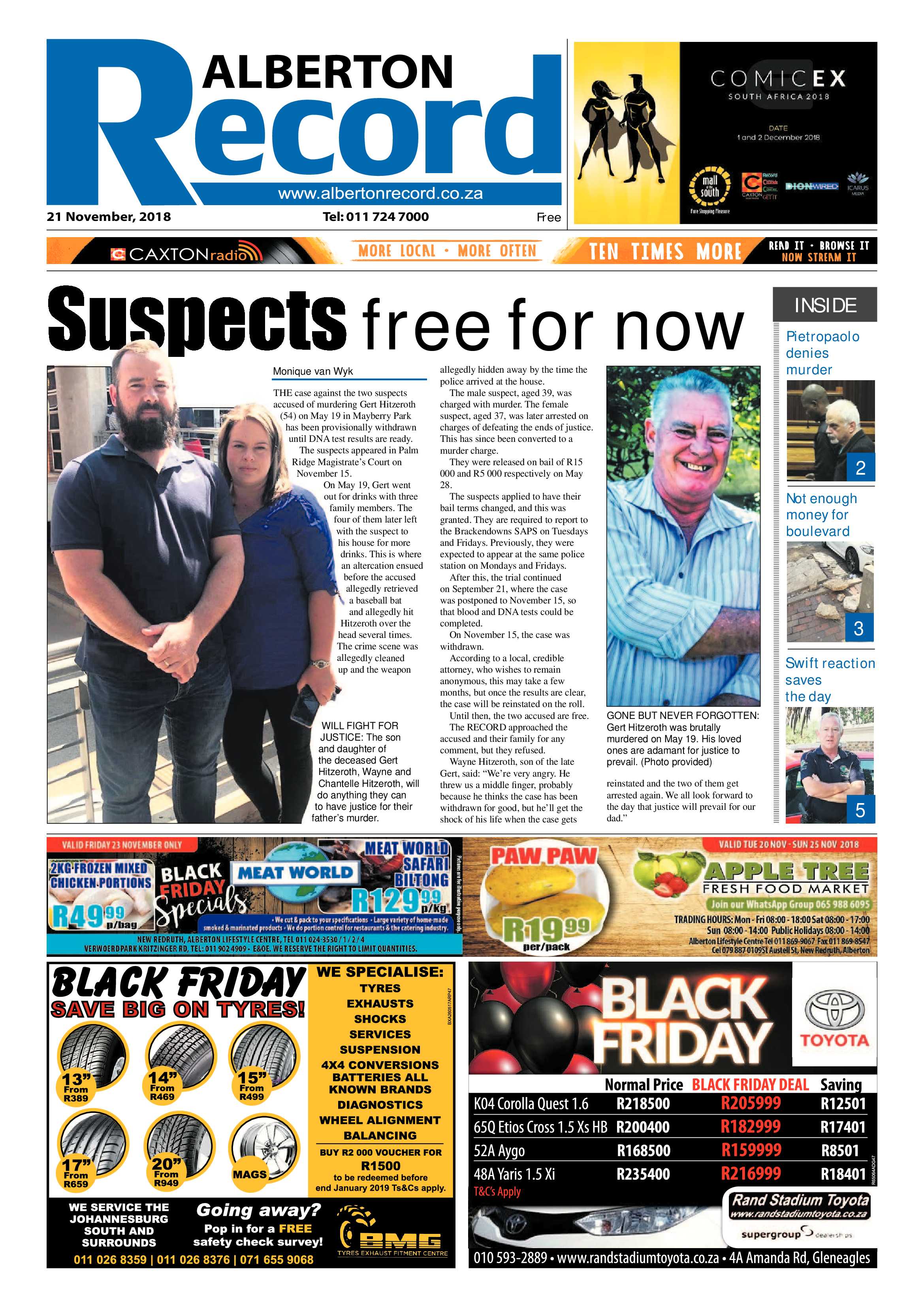 Alberton Record 21 November 2018 page 1