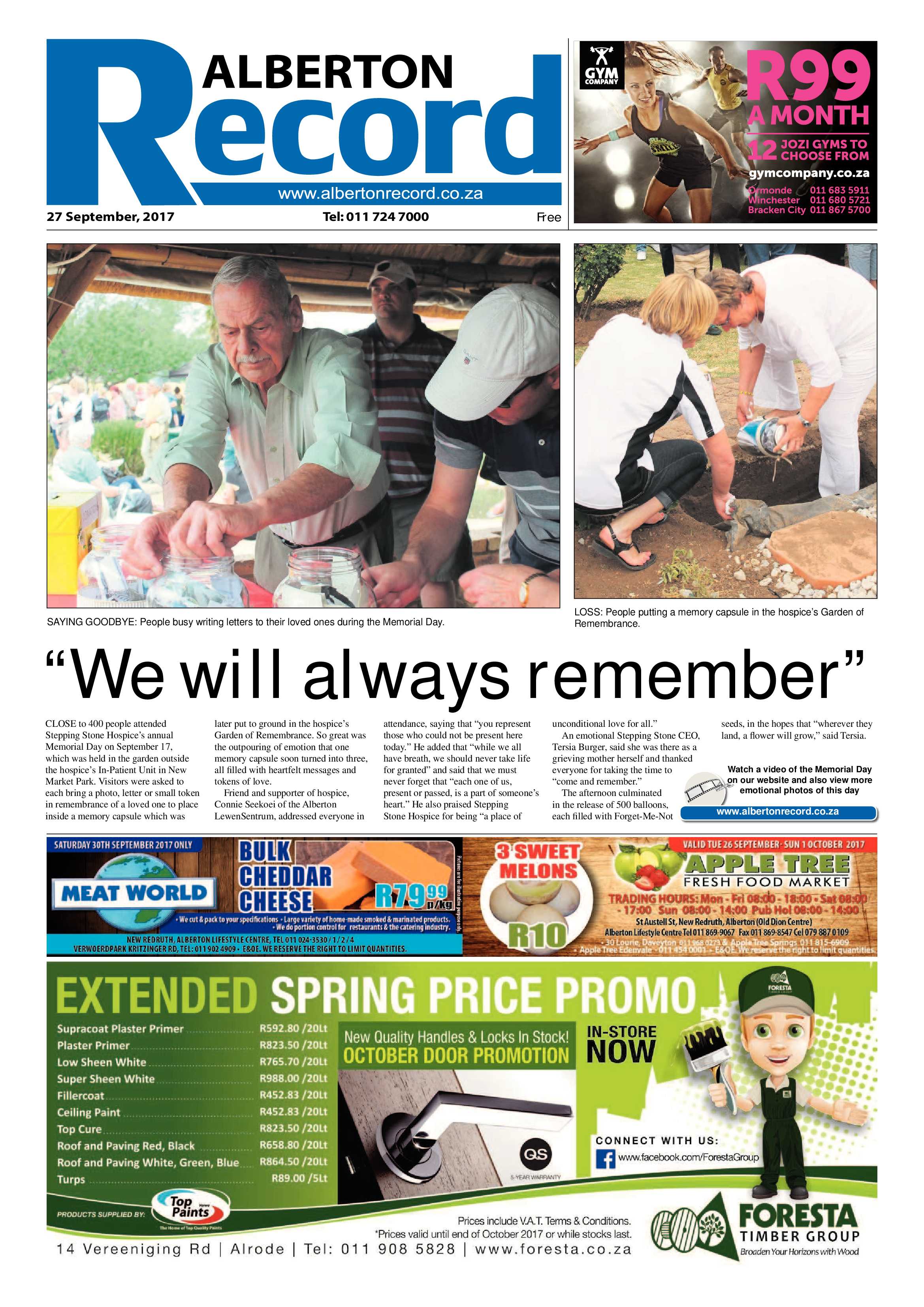 Alberton Record 27 September 2017 page 1