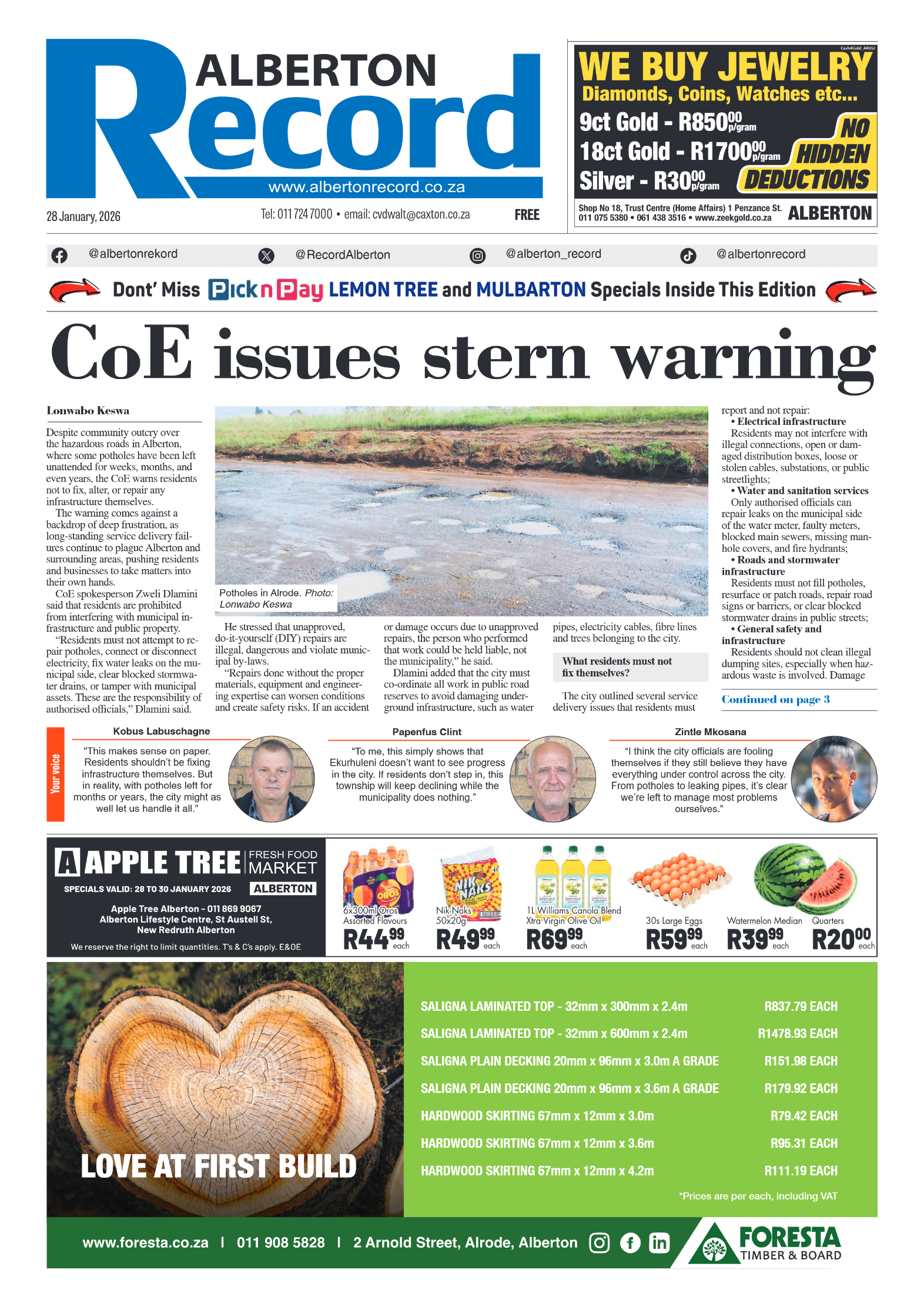 Alberton Record 28 January 2026 page 1