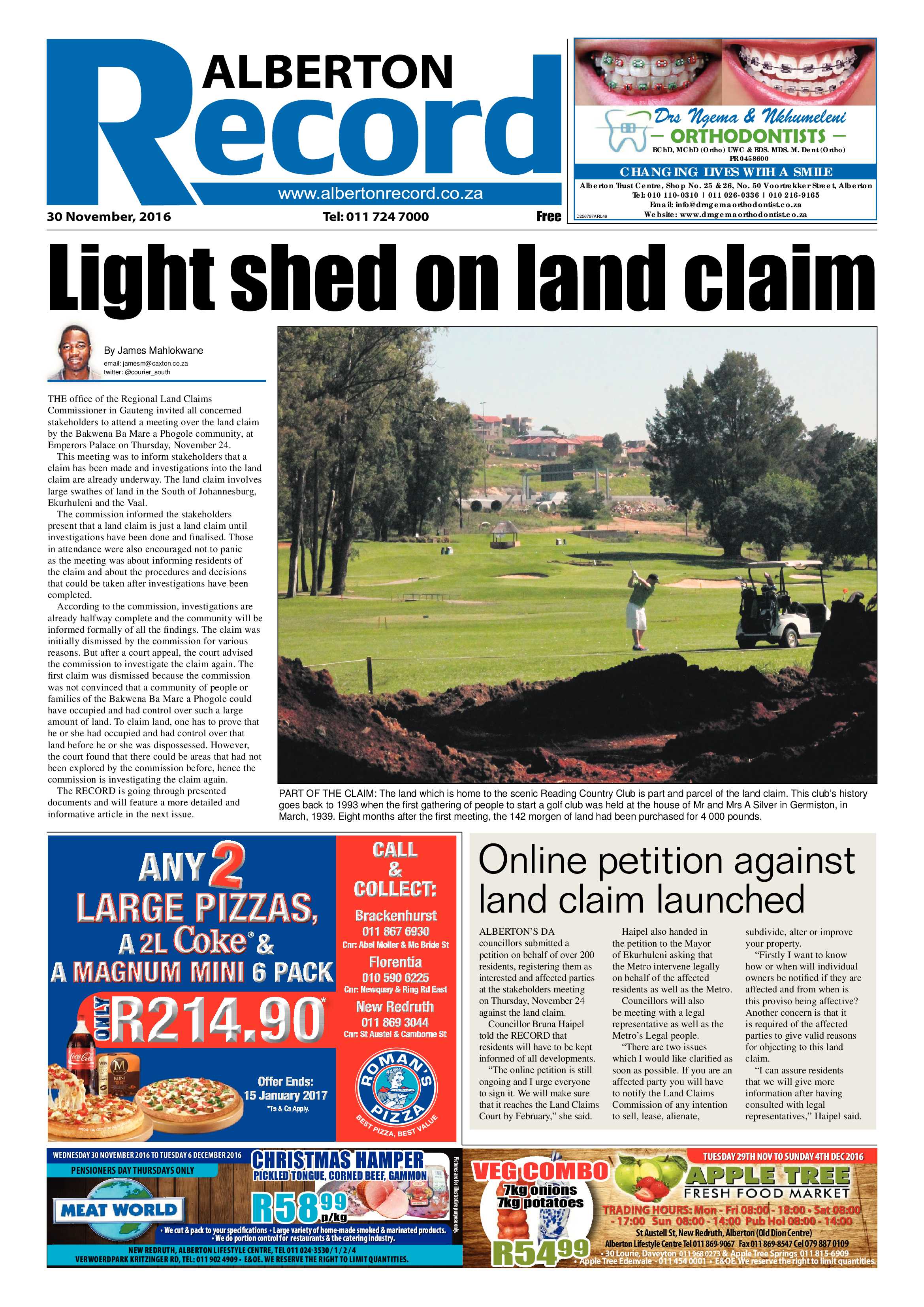 Alberton Record 30 November 2016 page 1