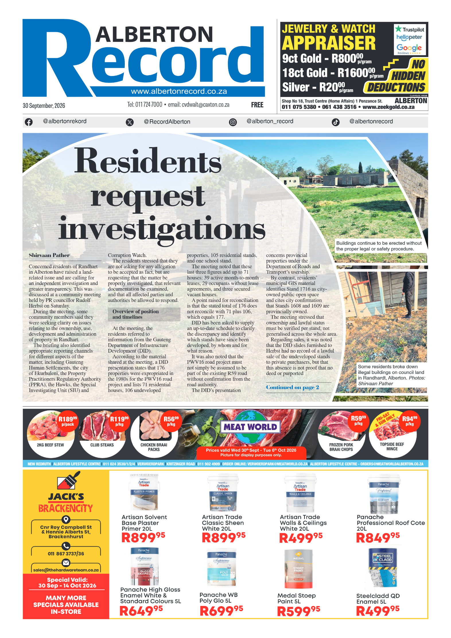 Alberton Record 30 September 2026 page 1