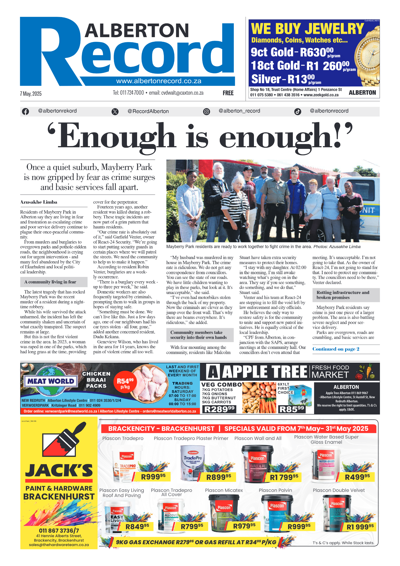 Alberton Record 7 May 2025 page 1